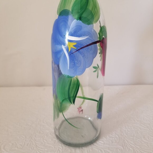Vtg 9" Hand Painted Floral Hummingbird Clear Glass Olive Oil Dispenser 12.7 oz - Picture 3 of 13